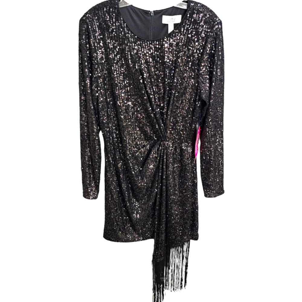 Nwt Belle Badgley Mischka Black Sequin Longsleeve Harley Long Fringed Sa… - Picture 8 of 17